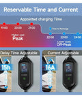 No Sweat Portable 3.5 Kw Ev Charger 16A Fast Charging Cable interface showing adjustable delay and current settings.