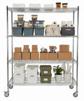 5 Tier Beefy Heavy Duty Adjustable Storage Rack With Wheels And Shelf Liners, 7500 Lbs Total Capacity, filled with boxes and bins