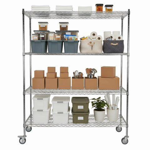 5 Tier Beefy Heavy Duty Adjustable Storage Rack With Wheels And Shelf Liners, 7500 Lbs Total Capacity, filled with boxes and bins
