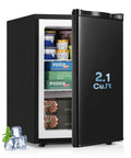 Hella Compact 2.1 Cubic Foot Upright Mini Freezer With Seven Adjustable Temperature Settings And Removable Wire Shelves For Sweet Fresh Food Storage In Dorms Or Small Apartments, filled with ice cream and pizzas.