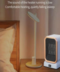 Portable Indoor Space Heater 1000 Watts High Output With Two Heat Settings, Compact Desk Heater next to lamp on bedside table