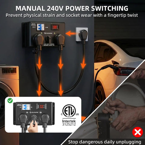 Nema 10-30 EV Charging Switch, Manual Splitter For Dryer Outlets, shows power switch with LCD monitor and circuit breaker.