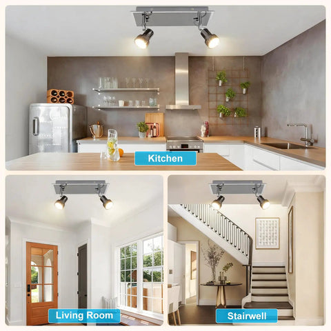 Six Head LED Track Light Kit With Rotatable Heads And Foldable Arms in kitchen, living room, and stairwell settings