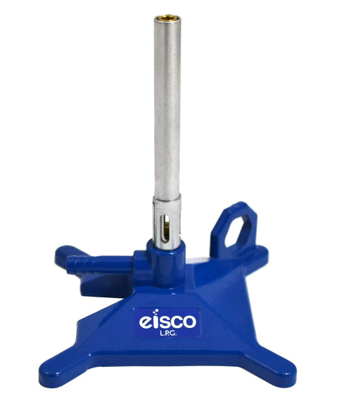 LPG Bunsen Burner With Adjustable Air Flow Cast Iron StabiliBase Anti Tip Base And Easy Grab Handle, visible angle view.