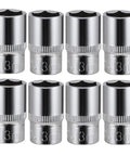 Eight Piece 13mm Shallow Sockets Set With 3/8 Inch Drive, 6 Point Design for Strong Grips, Corrosion Resistant Build