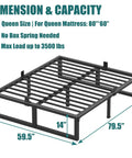 Rock Solid Queen Bed Frame Built Tough For Real Life, 14 Inch Steel Slat Platform showing dimensions of 79.5 x 59.5 inches.