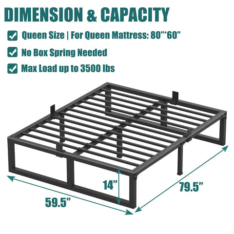 Rock Solid Queen Bed Frame Built Tough For Real Life, 14 Inch Steel Slat Platform showing dimensions of 79.5 x 59.5 inches.