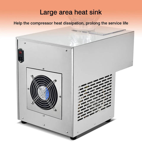 Heavy Duty Commercial Snow Cone Shaver Grinding Down Ice Blocks To Whip Up 198 Pounds Of Silky Shaved Flakes Daily With Tough Steel Cutters And Dependable Air Cooling For Street Vendors And Dessert Shops, showing large area heat sink and metal structure.