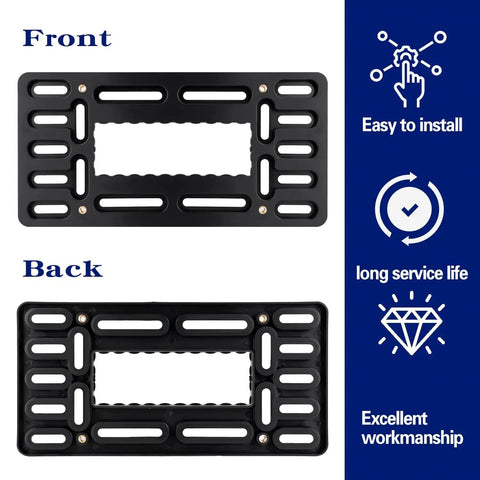 Front and back view of No Drill Front License Plate Mounting Kit Universal Bracket for Cars Trucks and SUVs with durability icons