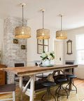 White Rattan Pendant Light With Handwoven Rope Shade For Boho Vibe Kitchen Island And Dining Room in rustic setting