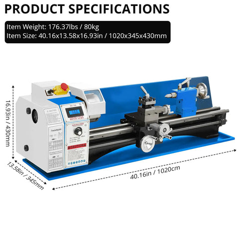 Hosslly 1100W Brushless Benchtop Metal Lathe, 9x30 Inch Size, detailed view of specifications, 110V US Plug, heavy duty steel body.