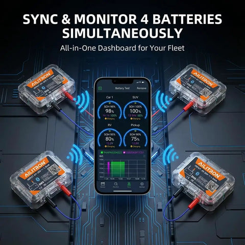 BM6 Bluetooth 12V Battery Monitor and Load Tester for Lead-Acid and Lithium, 4 batteries shown with phone app