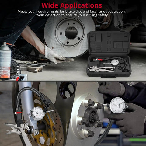 0 To 1 Inch Runout Gauge Set With Dial Indicator, 0.001 Inch Resolution, 13.77 Inch Flexible Arm, 7 Inch Locking Pliers shown on disc brakes