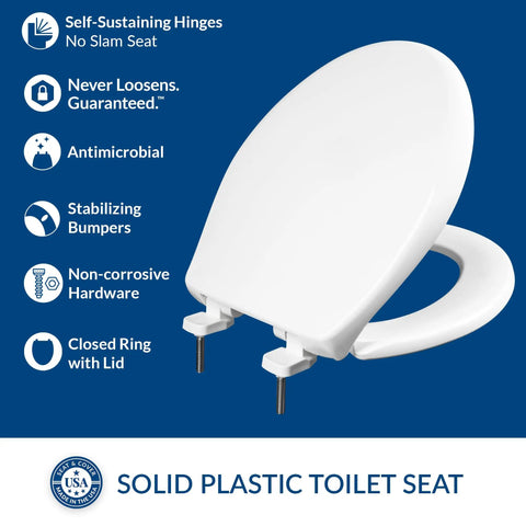 Commercial Heavy Duty Closed Front Toilet Seat With Cover No Slam Secure Stay-Tite Installation Industrial Grade White Round Seat For High-Traffic Restrooms Made In USA, featuring antimicrobial surface and stabilizing bumpers.