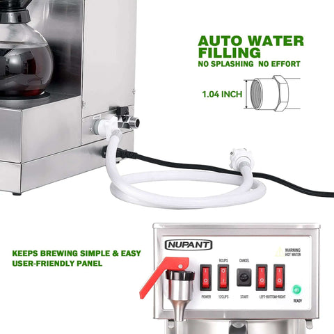 Control panel and auto water fill hose of High Volume 12 Cup Auto Filling Drip Coffee Maker With Three Glass Carafes And Three Warmers.