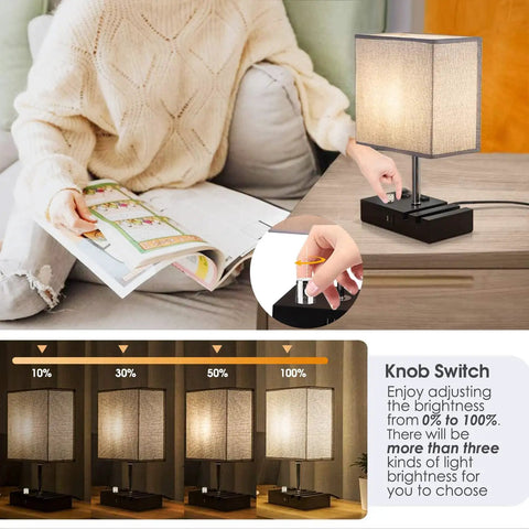 Fully Dimmable Table Lamp With Two USB Ports And Two AC Outlets Bedside Lights With Phone Slots Grey Nightstand Lamp For Reading