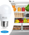 Led Refrigerator Light Bulb 4 Watt Waterproof Freezer Light Bulbs A15 E26 Medium Base Appliance Fridge Light Bulb 40 Watt Equivalent 120V Daylight White Not Dim Pack Of 2 next to an open fridge with fruits, drinks, and pizza boxes visible.