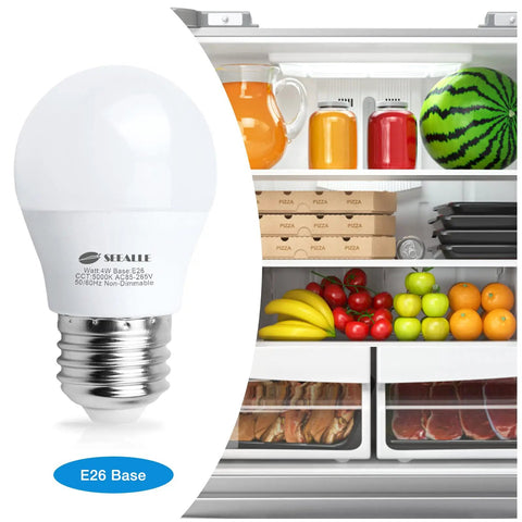 Led Refrigerator Light Bulb 4 Watt Waterproof Freezer Light Bulbs A15 E26 Medium Base Appliance Fridge Light Bulb 40 Watt Equivalent 120V Daylight White Not Dim Pack Of 2 next to an open fridge with fruits, drinks, and pizza boxes visible.