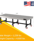 No Nonsense Welding Fixture Table With Precision Laser Cut Grid And Locking Swivel Casters 120 By 48 Inch Mobile Steel Workbench Made In USA shown with dimensions and specifications.