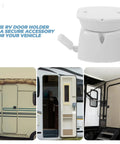 Heavy Duty Rv Door Catch Keeps Enclosed Trailer And Camper Entry Secure With Easy Install Sturdy Locking Mechanism Plastic Holder For Reliable Performance Plus Tough Retainer System That Handles Daily Wear And Tear Without Issues At All, white plastic door holder for RVs shown on vehicles.