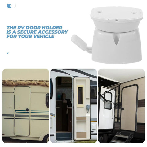Heavy Duty Rv Door Catch Keeps Enclosed Trailer And Camper Entry Secure With Easy Install Sturdy Locking Mechanism Plastic Holder For Reliable Performance Plus Tough Retainer System That Handles Daily Wear And Tear Without Issues At All, white plastic door holder for RVs shown on vehicles.