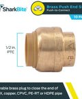 One Half Inch Brass Push Cap Pack Of 10 End Caps For PEX, Copper, CPVC, PE RT, And HDPE Pipes, Push To Connect Plumbing Fittings
