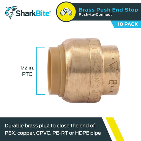 One Half Inch Brass Push Cap Pack Of 10 End Caps For PEX, Copper, CPVC, PE RT, And HDPE Pipes, Push To Connect Plumbing Fittings