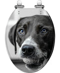 Toilet Seat Cover Elongated White Resin Bathroom Decor featuring a close-up dog face design on the lid.