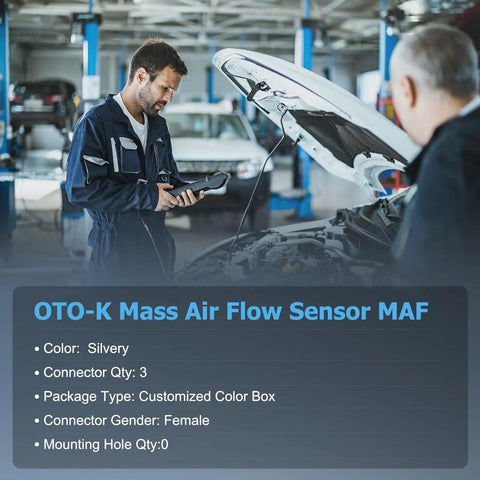 Mechanic using diagnostic tool on car engine with text overlay about OTO-K Mass Air Flow Sensor MAF specifications.