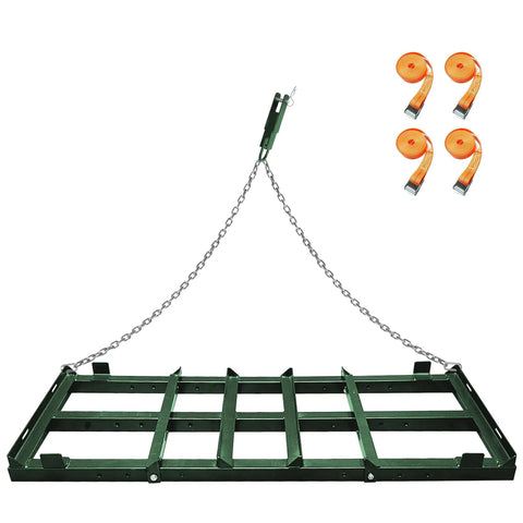 Heavy Duty Drag Harrow Driveway Grader For Gravel Tow Behind Lawn Rake with adjustable 4 ft steel frame and straps for ATVs and tractors.