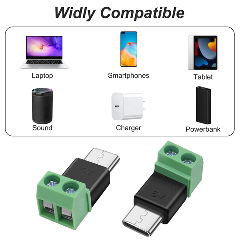 USB Type C Solderless Connector Screw Terminal Adapter USB C Male To 2 Pin Terminal Block 5V Power Output Great For Extension, Charging, DIY Repairs, 5 Pack with compatibility images showing laptop, smartphone, tablet, sound system, charger, and powerbank.