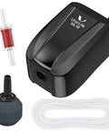 Pawfly aquarium air pump, black plastic compact 20 GPH with white airline tubing and air stone set.
