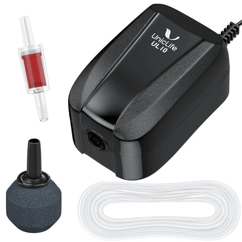Pawfly aquarium air pump, black plastic compact 20 GPH with white airline tubing and air stone set.