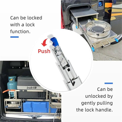 Beefy Heavy Duty Drawer Slide With Full Extension Locking Track 120Kg Load Capacity Steel Ball Bearing Rails For Smooth Quiet Opening And Closing Rust Resistant Electroplated Finish Built For Harsh Environments And Daily Heavy Use installed in a camper drawer rack