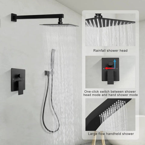 Matte Black Concealed Shower Set With Built-In Pressure Balance Valve, Ultra-Thin 8-Inch Rain Shower Head and Handheld Shower