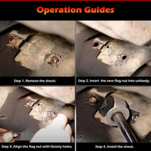Operation guide showing steps to install Heavy Duty Rear Bar Pin Flag Nut Kit for Jeep Cherokee XJ rear suspension.