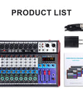 8 Channel Audio Mixer With Bluetooth And USB For DJ Podcast Live Streaming And Karaoke 48V Phantom Power 24 DSP Effects, shown with manual and cables
