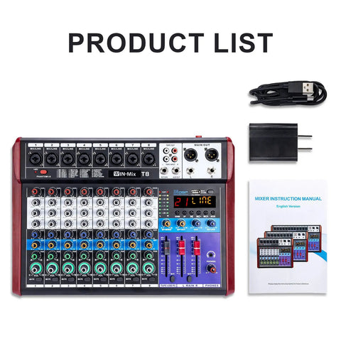 8 Channel Audio Mixer With Bluetooth And USB For DJ Podcast Live Streaming And Karaoke 48V Phantom Power 24 DSP Effects, shown with manual and cables