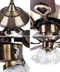 51 Inch Ceiling Fan With Light Kit And Remote, Farmhouse Vibe 5 Blade Copper Motor, details of reversible metal blades, and crystal chandelier design.