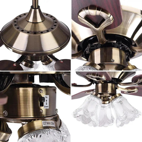 51 Inch Ceiling Fan With Light Kit And Remote, Farmhouse Vibe 5 Blade Copper Motor, details of reversible metal blades, and crystal chandelier design.
