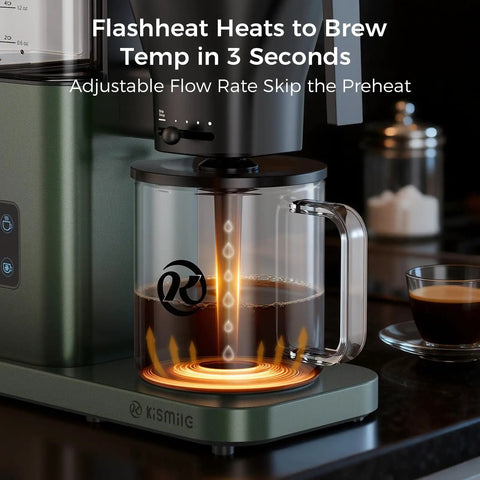 SCA Certified 8 Cup Drip Coffee Maker With 3 Second Instant Heat And Precise Temperature Control, showing coffee brewing.