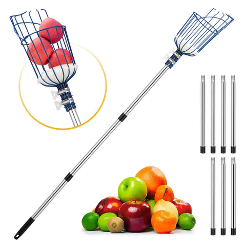 Adjustable Fruit Picker Tool With Telescoping Pole And Basket No Ladder Needed Reaches Up To 20 Feet Lightweight Stainless Steel Connecting Pole Foam Pad And Dual Clamps For Apples Oranges Pears And Other Tree Fruit, shown disassembled with colorful fruits, extension poles, and foam pad.