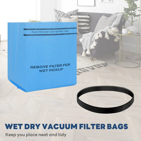 Heavy Duty Wet Dry Vacuum Filter Bags For Two And A Half To Five Gallon Shop Vacs with band, ideal for messy shop cleanup