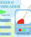 Gourd Shaped Needle Threaders Set With Clear Storage Box, 30 Pcs For Hand Sewing And Sewing Machine Embroidery in red, green, and blue.