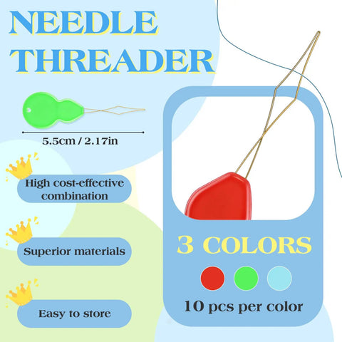 Gourd Shaped Needle Threaders Set With Clear Storage Box, 30 Pcs For Hand Sewing And Sewing Machine Embroidery in red, green, and blue.