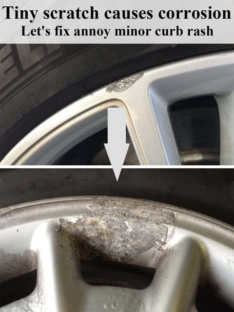 Silver Rim Touch Up Paint Pen For Wheels And Car Rims Scratch Repair Kit showing before and after corrosion repair on rim
