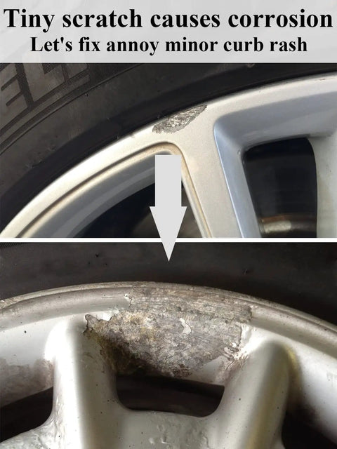 Before and after curb rash on a car rim highlighting the need for Gloss Black Wheel Touch Up Paint Pen For Quick Car Rim Scratch And Rock Chip Repair Universal Auto Refinish Marker Built To Keep Your Daily Driver Looking Fresh And Corrosion Proof.