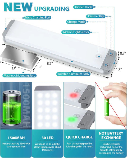 Motion Sensor Cabinet Light With 30 LED Dimmer Under Counter Closet Lighting Battery Powered Wireless USB Magnetic Night Lights For Kitchen Wardrobe Closet Cupboard 3 Pack, aluminum body shown with dimensions and features.