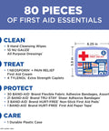 Band-Aid travel first aid kit in blue plastic case with red cross, 80-piece emergency kit.