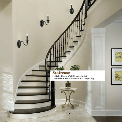 Stairway with Black Wall Sconces Set Of Two Modern Farmhouse Candle Wall Lamps and industrial retro vibe lighting for living room